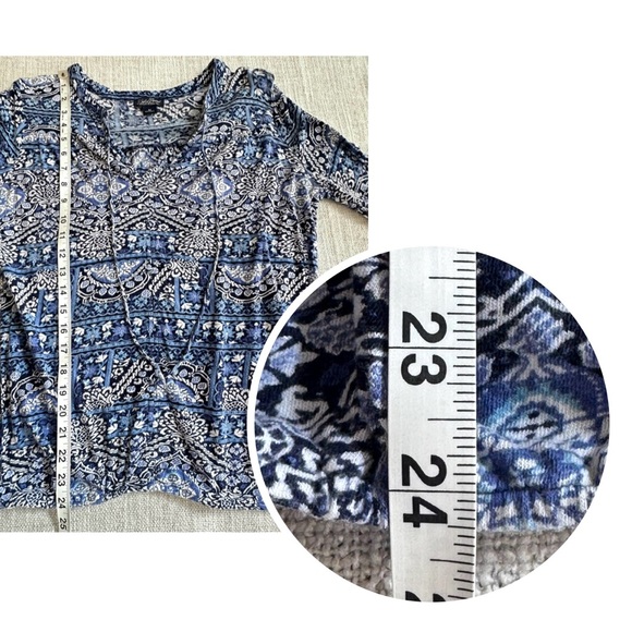 LUCKY BRAND Bell Sleeve Tie Neck Knit Top Blue White Elastic Hem Boho Women's M - Picture 10 of 12